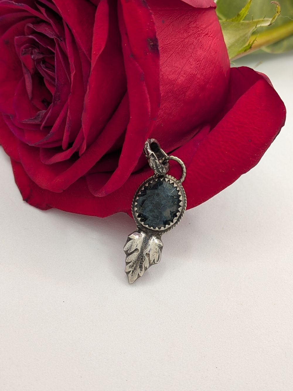 Dainty Moss Agate Leaf Pendant